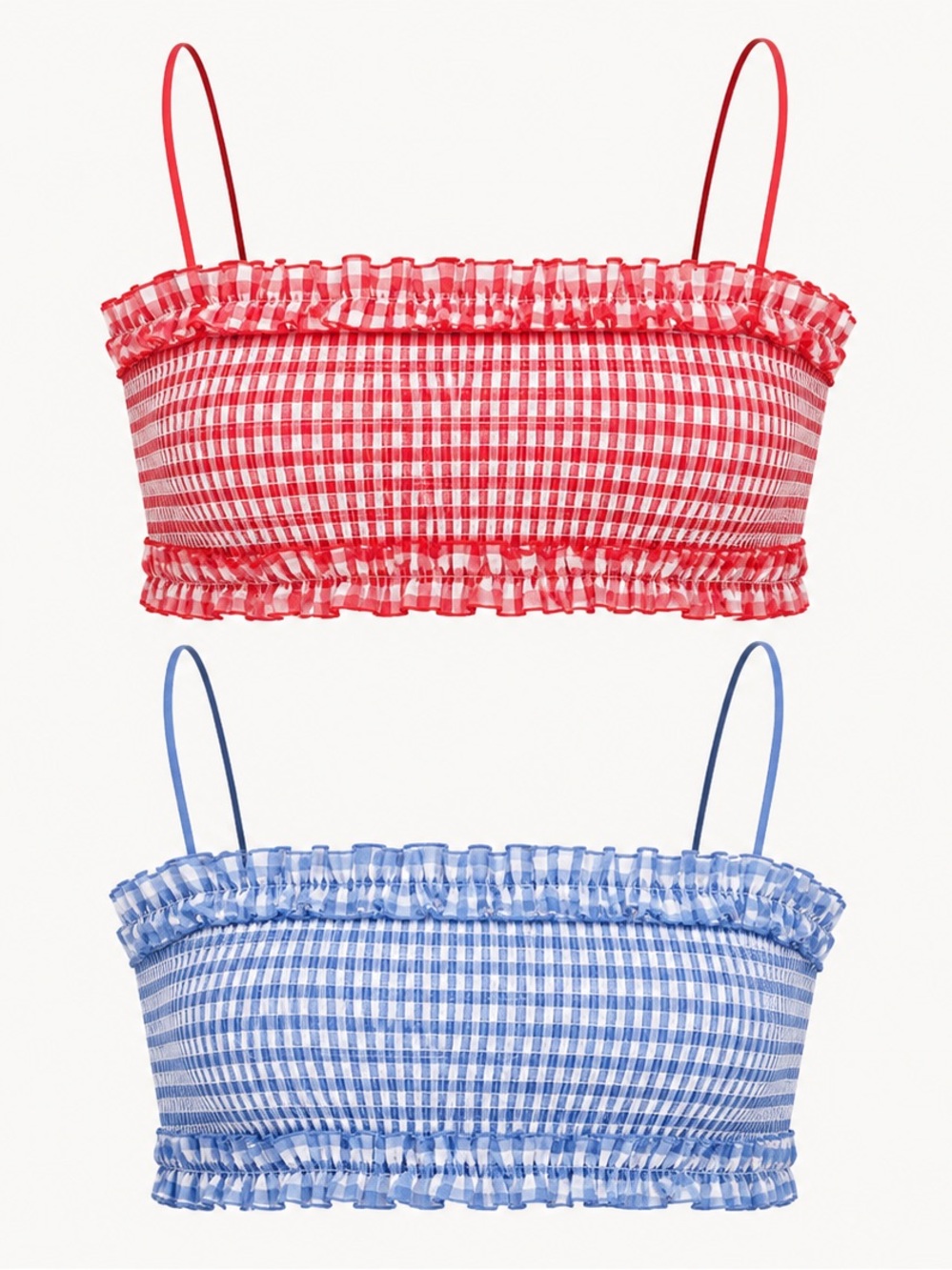 Colsie NWT Gingham Smocked Crop Tops Red Blue 2 Pack